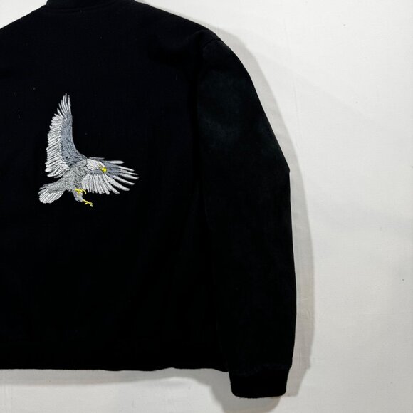 Vtg Varsity Bomber Jacket Eagle Embroidered Black Suede Wool 42 44 L Y2K Retro - Picture 13 of 14